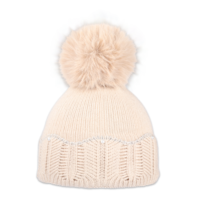 Dětská čepice s kožešinovou bambulí a perličkami